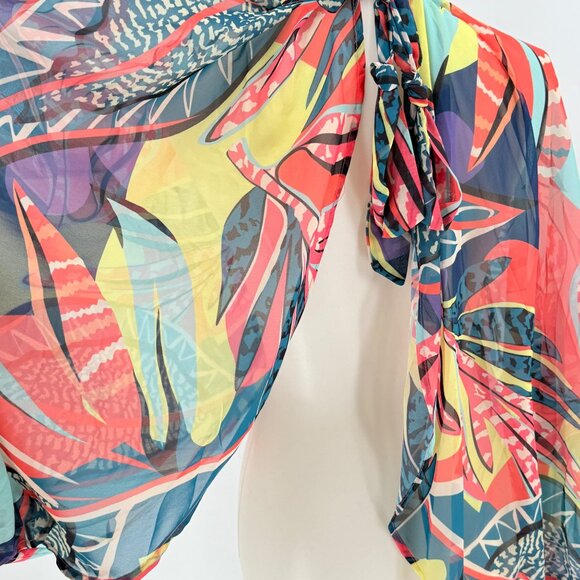 Multicolor Sheer Chiffon Floral Cape Top With Tie-Neck Detail - Picture 4 of 7